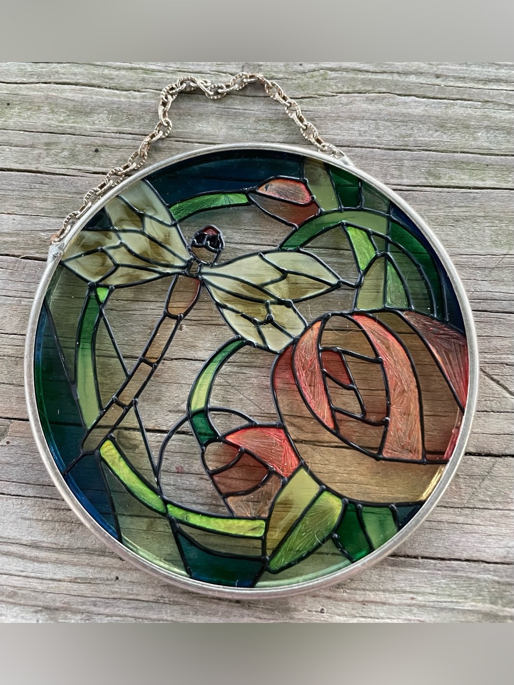 Vintage Stained Glass Dragonfly and Rose Suncatcher - Green, Red, Brown